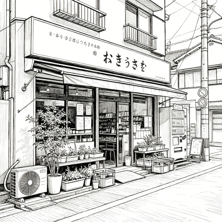 Photograph of an everyday city street scene with detailed storefronts, with AI line art sketch filter applied, clean black outline strokes, simple and clear, preserving the full layout of the scene