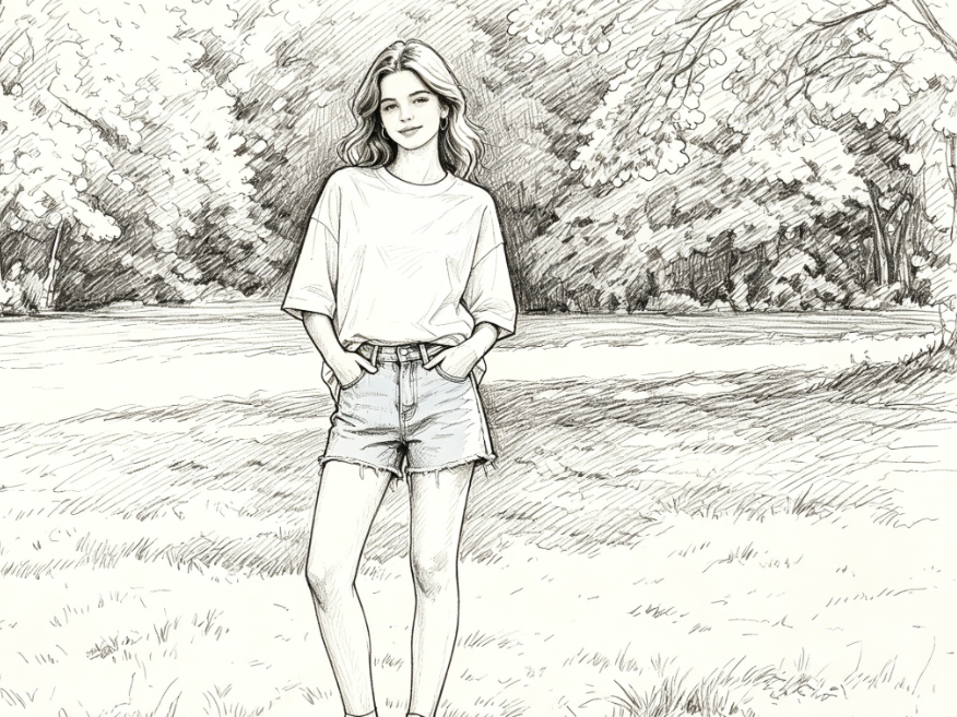 The same portrait converted to quick sketch style, simple and neat lines, natural brushstrokes, preserving the character's pose and scene, 4:3 aspect ratio