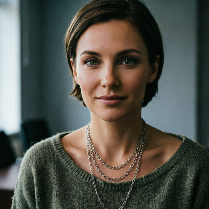 Frontal half-body portrait of a European woman under indoor natural light, wearing a loose knit sweater with multi-layer silver chain necklaces, clear layering, soft metallic sheen, fitting the neckline perfectly, harmonizing with casual style, high-definition portrait
