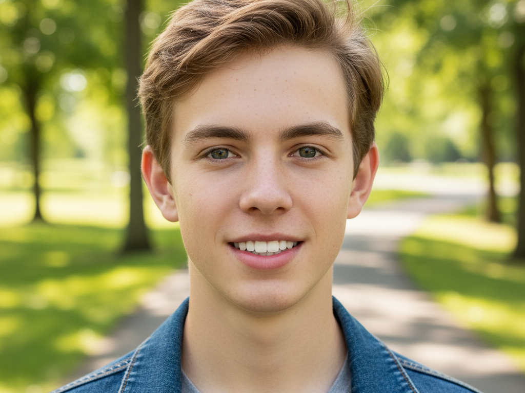 Frontal portrait of a European teenage boy in a park under natural sunlight, wearing a denim jacket and smiling brightly, neat teeth without braces, everyday realistic style, 4:3 aspect ratio