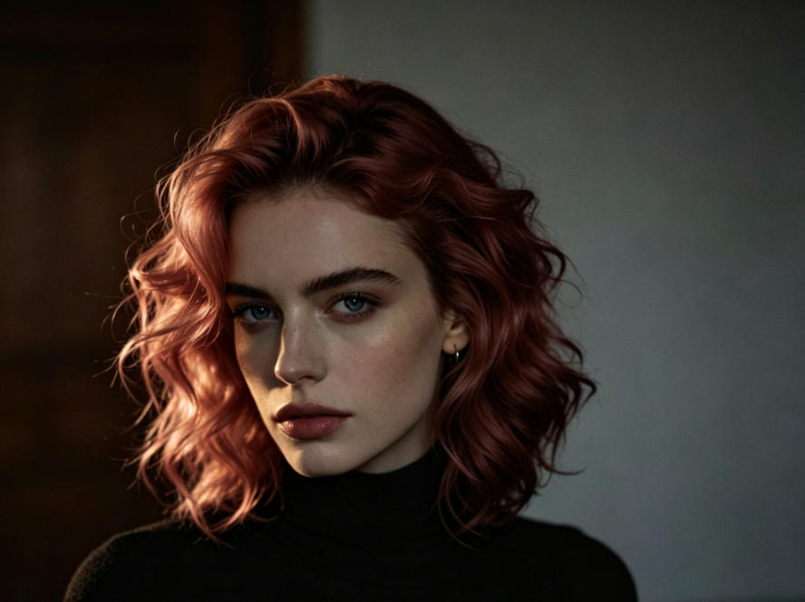 Close-up portrait of a young Caucasian woman with shoulder-length wavy auburn hair (copper-pink highlights), blue eyes, and fair skin, wearing a black turtleneck, under dramatic side lighting, 4:3 ratio, high-definition photo. (AI Auburn Hair Filter applied: natural-looking copper-red tones with dimensional depth)
