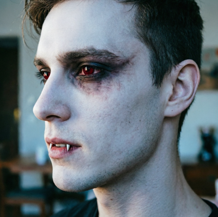 Side profile close-up of a European man with indoor lighting, dark vampire style, pale cold skin, deep smoky eye makeup, scarlet eyes, visible fangs, dim and eerie lighting, overall sinister and sophisticated vibe, high-definition portrait