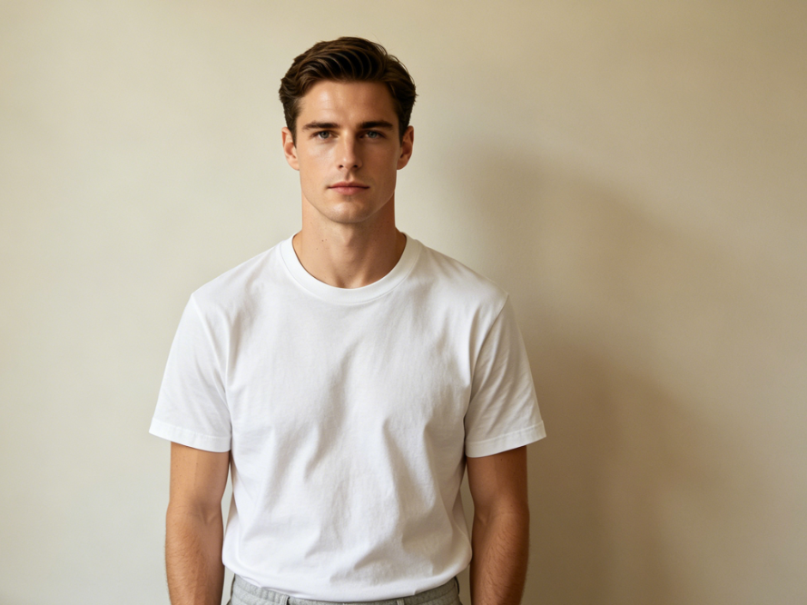 Half-body portrait of a European man with soft indoor lighting, casual outfit with clean-shaven face, high-definition realistic portrait, 4:3 aspect ratio