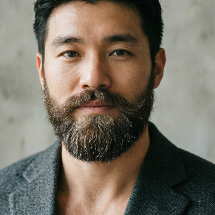 Frontal portrait of an East Asian man in casual blazer under natural indoor light, with full beard, natural hair texture, color matching natural hair tone, mature and calm temperament, high-definition realistic portrait