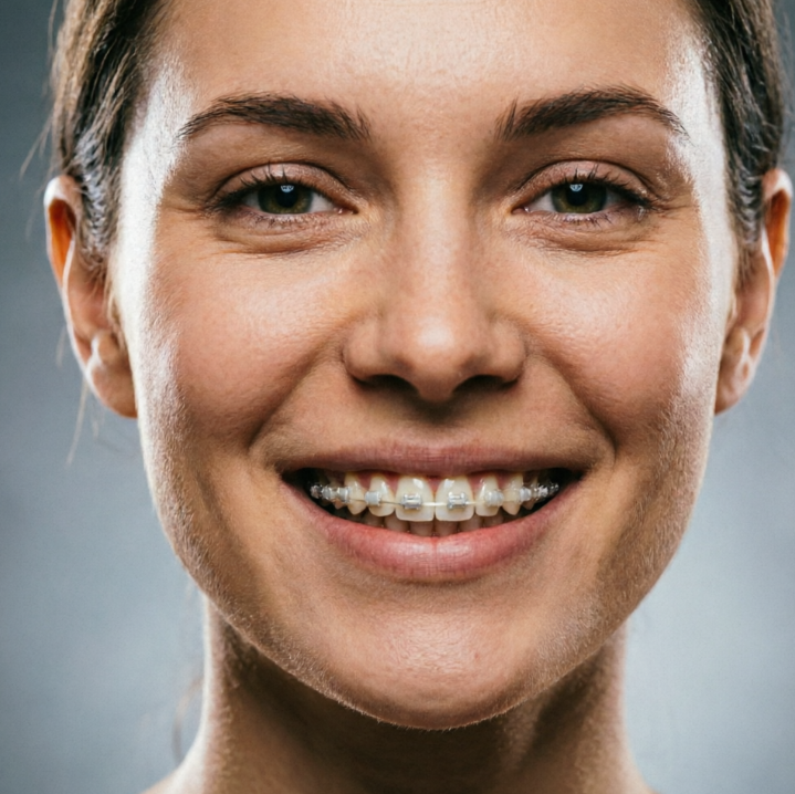 Frontal portrait of a European woman smiling softly under studio soft light, wearing semi-invisible ceramic braces with subtle light-colored brackets, fine material blending perfectly with makeup and lighting, refined and elegant, high-definition portrait