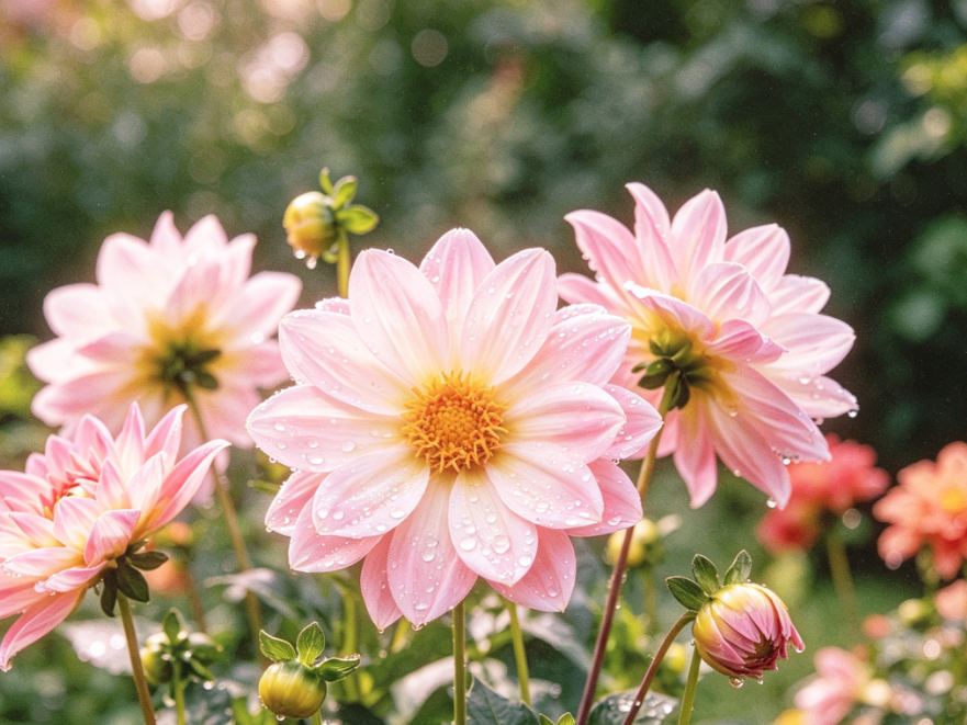 The same dahlia still life with AI 1980s retro filter applied, warm pink tones, low contrast + fine film grain, vintage soft focus effect, creating an 80s old photo atmosphere, 4:3 aspect ratio