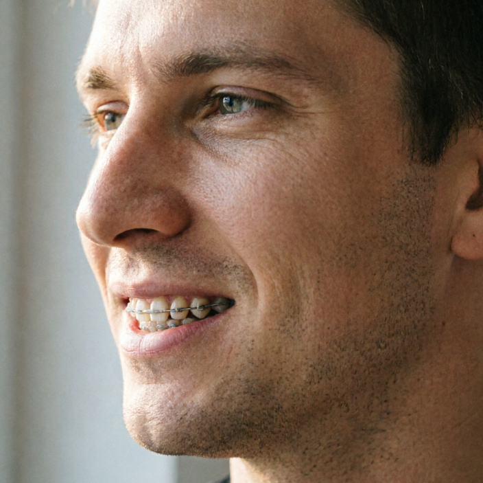 Profile close-up of a European man with a soft smile under indoor natural light, wearing thin metal braces with neat, delicate wires, side profile fitting the dental arch, lighting following facial contours naturally, realistic texture