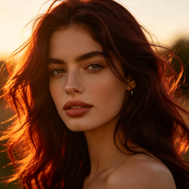 Backlit outdoor portrait of a Caucasian woman, original dark brown hair transformed into retro warm reddish-brown by AI Auburn Hair Filter, with soft warm halo on hair under sunset light, dreamy atmosphere, 4:3 ratio realistic photo