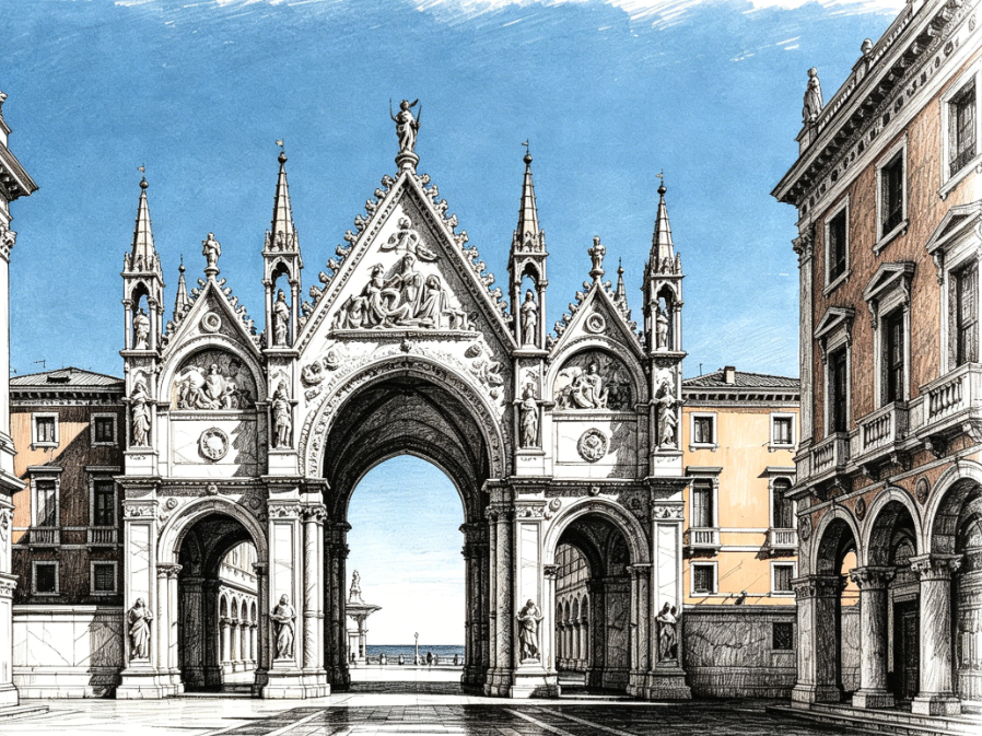 The same architectural landscape with AI charcoal sketch filter applied, strong light and shadow contrast, clear building structure, hand-drawn artistic texture, 4:3 aspect ratio