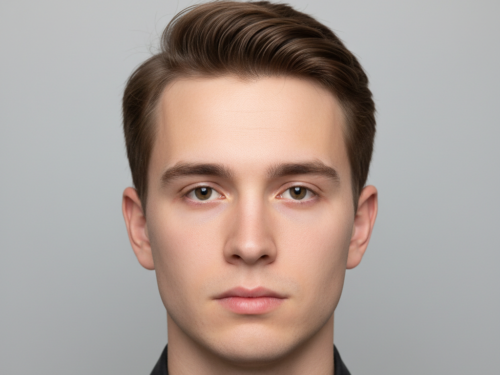 Frontal portrait of a European man under studio soft light, formal look with neutral expression, neat teeth without braces, formal ID-style portrait, 4:3 aspect ratio