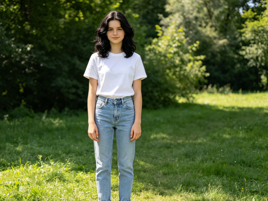 Full-body outdoor portrait of a European teenage girl in natural sunlight, wavy shoulder-length natural black hair, casual outfit, fresh realistic style, 4:3 aspect ratio