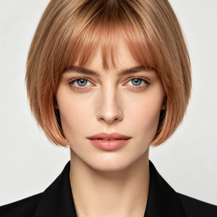 Frontal formal portrait of a European woman with a neat bob haircut, light strawberry blonde hair with clean and even color, subtle natural makeup, standard front-facing composition, high-definition professional portrait