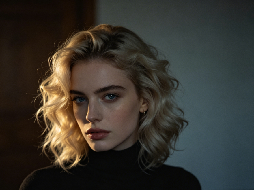Close-up portrait of a young Caucasian woman with shoulder-length wavy blonde hair (honey-blonde highlights), blue eyes, and fair skin, wearing a black turtleneck, under dramatic side lighting, 4:3 ratio, high-definition photo.