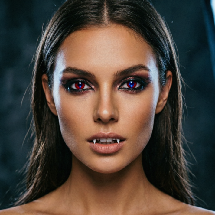 Studio portrait of a European woman with dark lighting, elaborate dark smoky makeup, cool-toned skin, red eyes and fangs, stylishly eerie look perfect for dark-themed photography, high-definition portrait