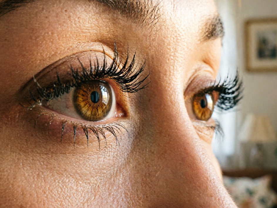 Close-up of a European woman's eyes under indoor natural light, long eyelashes with natural brown irises, clear details, original high-definition portrait, 4:3 aspect ratio