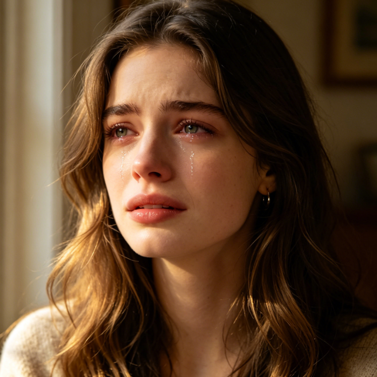 Dark-toned indoor emotional portrait of a European woman with AI intense sad face filter, tearful and sorrowful expression, strong and genuine sadness matching the low-light mood, no facial distortion