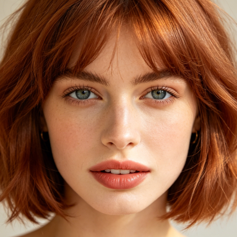 Close-up portrait of a young Caucasian woman with bob hair, after applying AI Auburn Hair Filter, showing soft warm reddish-brown hair with complete details, under soft studio lighting, fresh and delicate, 4:3 ratio high-definition photo