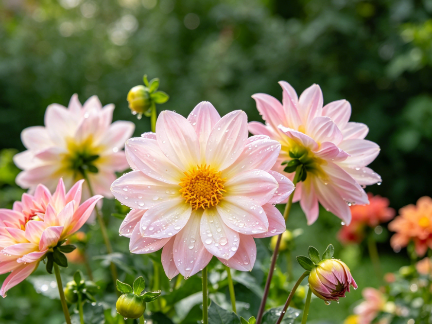 Still life photo of pink dahlias in an outdoor garden, natural light, water droplets on petals, fresh natural colors, sharp details, realistic style, 4:3 aspect ratio
