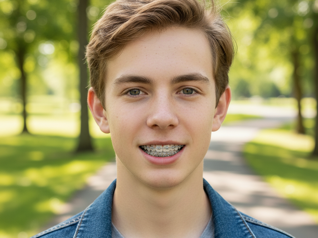 Frontal portrait of a European teenage boy in a park under natural sunlight, wearing a denim jacket and smiling, with classic metal braces that have natural metallic sheen and neat wires, fitting the teen's dental arch without disrupting his youthful vibe, high-definition portrait, 4:3 aspect ratio