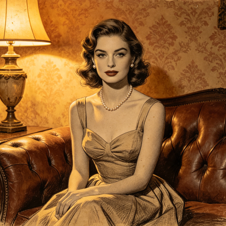 Vintage-style portrait of a European woman with delicate makeup in warm lighting, with AI retro sketch filter applied, slightly aged texture, soft and retro lines, consistent and harmonious overall style