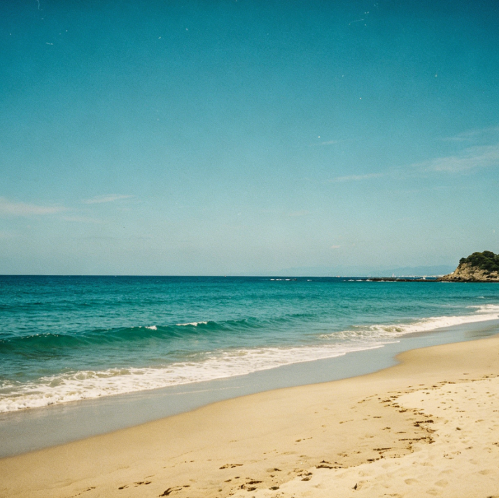 80s retro film-style coastal landscape with clear turquoise sea and sandy beach, vintage cyan-blue color palette, prominent film grain and subtle vignetting, replicating the texture of 1980s travel photos