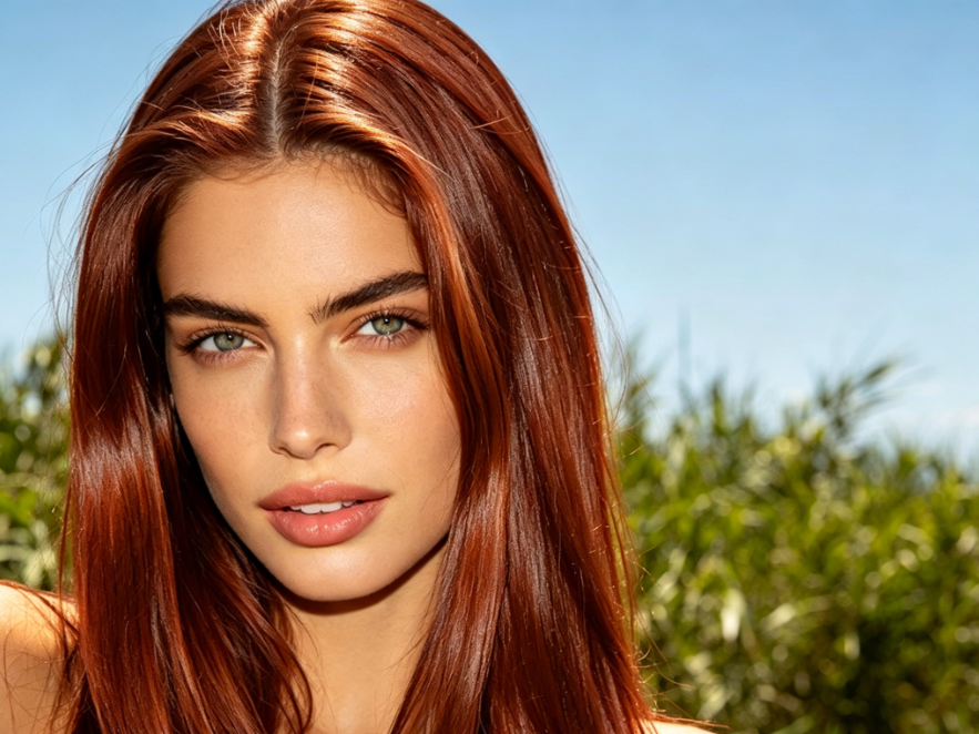 Close-up portrait of a young Caucasian woman with long vibrant auburn hair (copper highlights and deep red undertones), light green eyes, and sun-kissed skin, wearing natural makeup, under bright outdoor lighting, 4:3 ratio, high-definition photo.