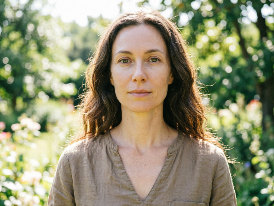 Half-body portrait of a European woman in a sunlit garden, wearing a casual V-neck top with no neck jewelry, fresh and natural atmosphere, high-definition portrait, 4:3 aspect ratio