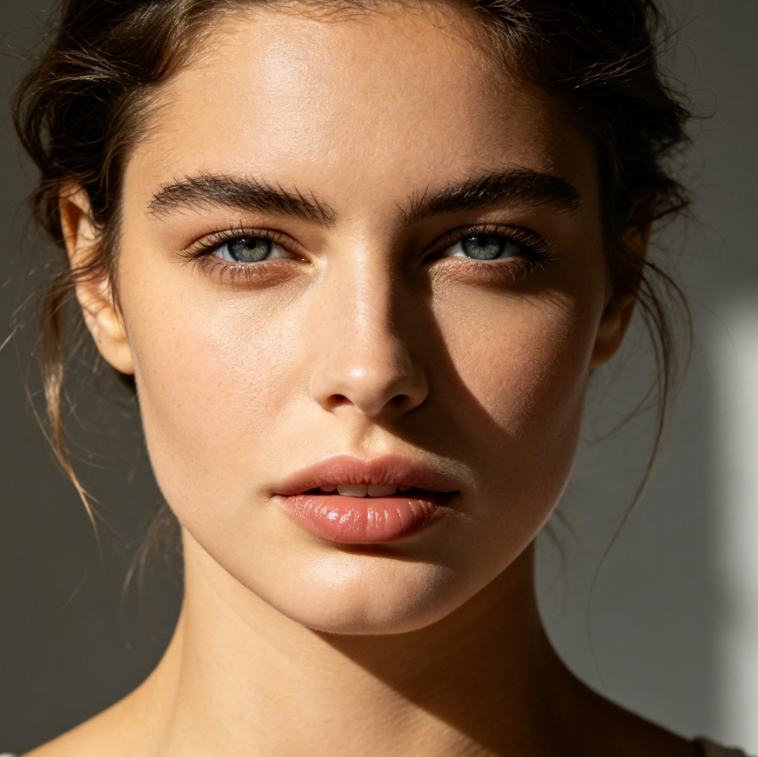 Studio close-up portrait of a European woman with dramatic lighting, enhanced jawline contour with sharp and layered lines, improved facial three-dimensionality, natural light and shadow transitions, realistic natural style
