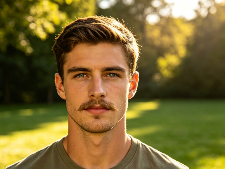 Frontal portrait of a young European man in outdoor sunlight, short hair with added neat handlebar mustache, sleek and delicate shape, fine hair texture, color matching natural hair tone, polished gentlemanly style, everyday realistic aesthetic, 4:3 aspect ratio