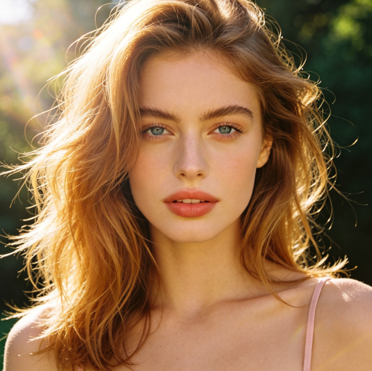 Vintage warm light half-body portrait of a European woman with long wavy hair, vintage strawberry blonde hair with warm undertones, harmonizing with retro lighting, soft and non-jarring color, paired with vintage makeup, atmospheric photography