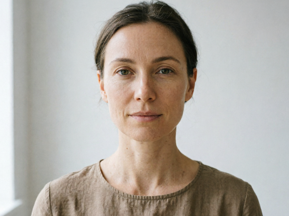 Frontal portrait of a European woman under soft indoor light, wearing a casual crew-neck top with no neck jewelry, simple everyday style, high-definition portrait, 4:3 aspect ratio