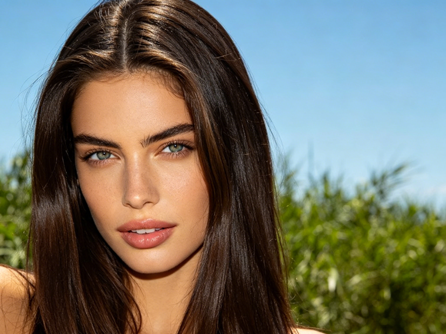 Close-up portrait of a young Caucasian woman with long natural dark brown hair, light green eyes, and sun-kissed skin, wearing natural makeup, under bright outdoor lighting, 4:3 ratio, high-definition photo
