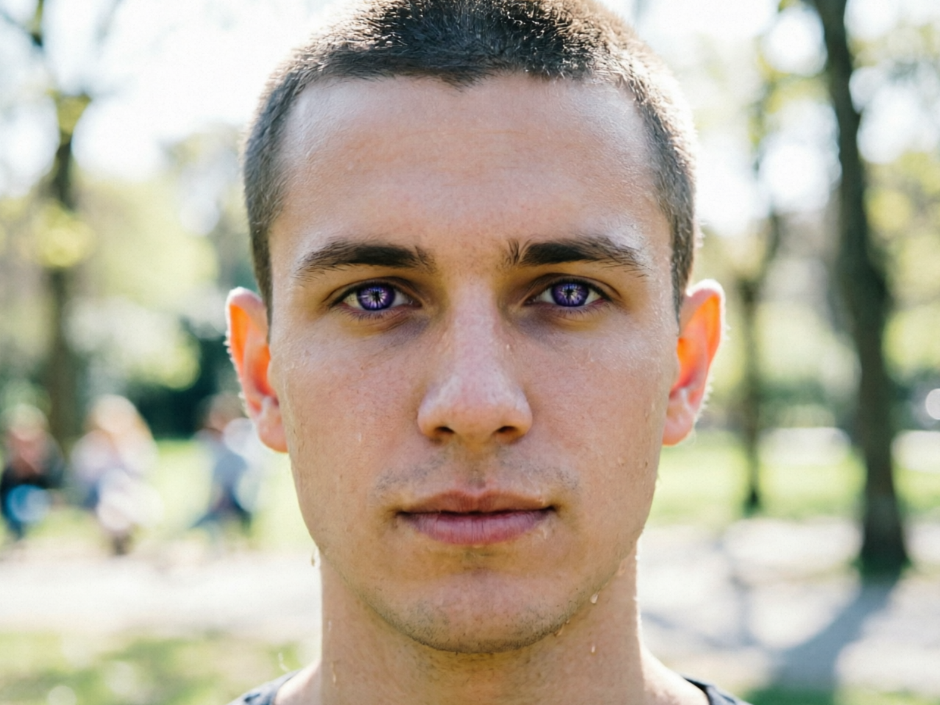 Frontal portrait of a young European man in outdoor sunlight, short hair with added deep purple cold-toned eyes, layered iris texture, lighting following the natural eye curvature, realistic texture, cool and sophisticated style, high-definition portrait, 4:3 aspect ratio