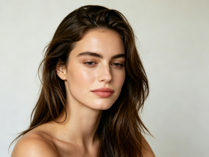 Portrait with the AI "Deep Emotion/Melancholy" filter applied. The woman's gaze shifts slightly downward, and her confident smile transforms into a contemplative, neutral expression. The filter enhances facial shadows, making her eyes appear deeper and slightly melancholic, shifting the overall atmosphere from bright to storytelling and subtly sad.