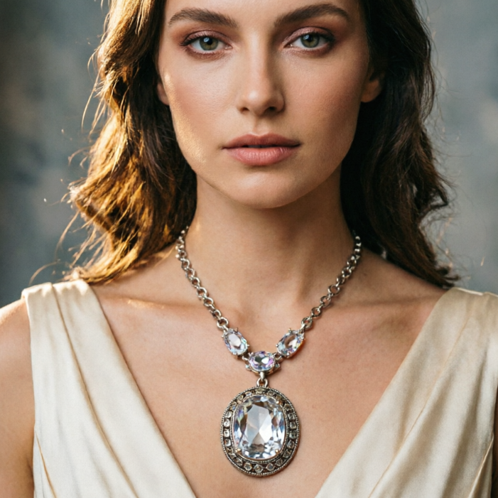 Frontal portrait of a European woman under studio soft light, wearing a satin gown with an elaborate gemstone pendant necklace, clear and sparkling main stone, detailed metal setting, premium lighting effect, perfect for formal wear, high-definition portrait