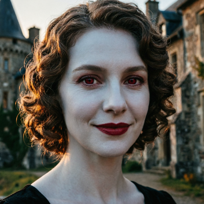 Frontal portrait of a European woman with a castle background, warm lighting, vintage curly hairstyle, pale matte skin, burgundy eyes, dark red lipstick, overall retro and eerie vampire style, high-definition portrait
