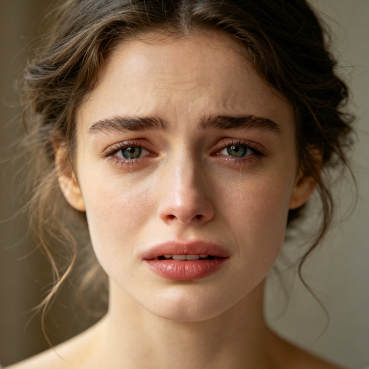 Portrait of a European woman by the window with AI crying sad face filter, tear tracks at the corners of her eyes, delicate and sorrowful expression, soft side light perfectly blending with facial mood