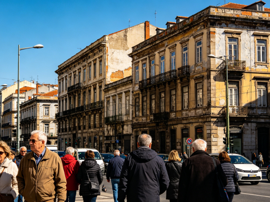 Daily street shot of a European city, bright natural sunlight, old buildings and pedestrians, bright realistic image with true colors, no special effects, 4:3 aspect ratio