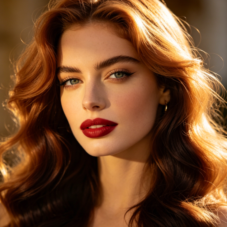 Outdoor backlit portrait of a European woman with medium-length voluminous hair, strawberry blonde hair glowing softly in backlight, clear and natural color with no overexposure, complete hair texture, simple outfit, soft light, high-definition portrait