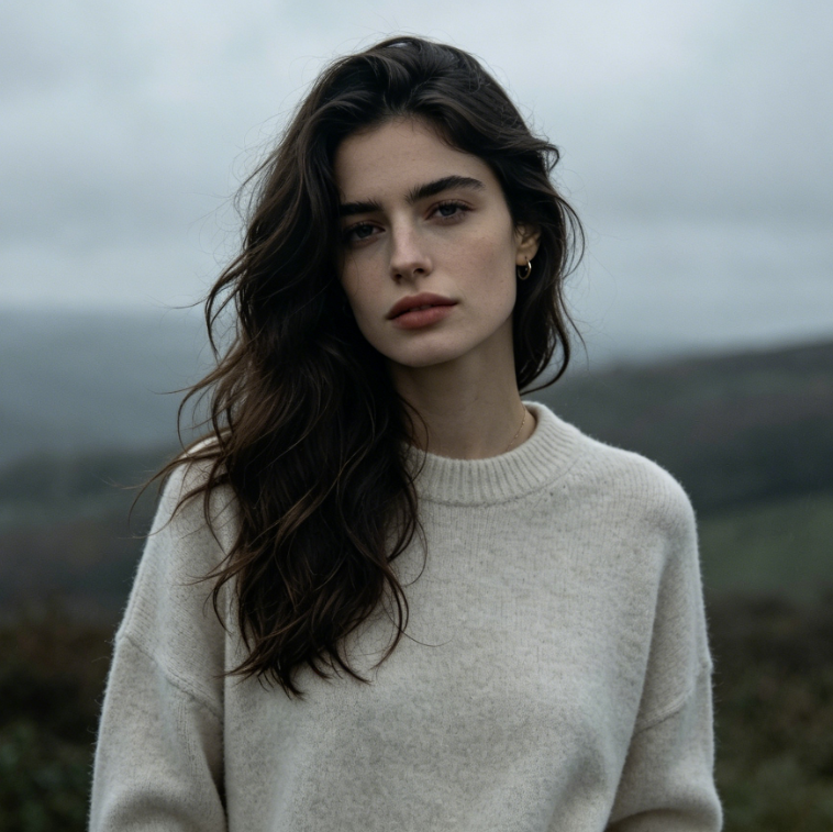 Outdoor half-body portrait of a European woman in overcast light with AI lonely sad face filter, low-spirited expression with distant eyes, cold and melancholic mood, natural and cohesive scene