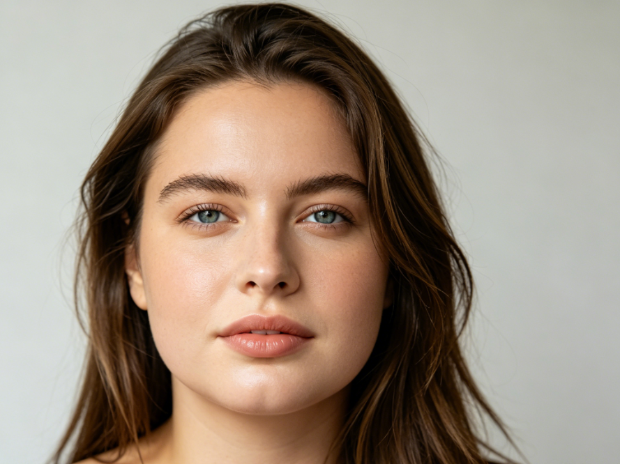 Frontal half-body portrait of a European woman with soft indoor lighting, light solid background, round face with a soft and undefined jawline, high-definition realistic portrait, 4:3 aspect ratio