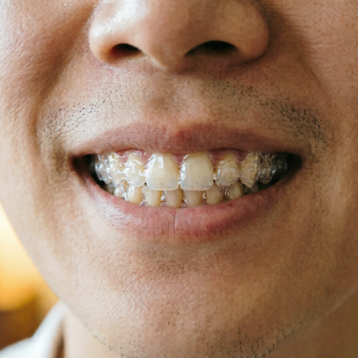 Close-up of a person's mouth under indoor warm light, wearing clear invisible braces with thin, translucent material fitting closely to the teeth, clean edges without overflow, clear and realistic details, high-definition portrait