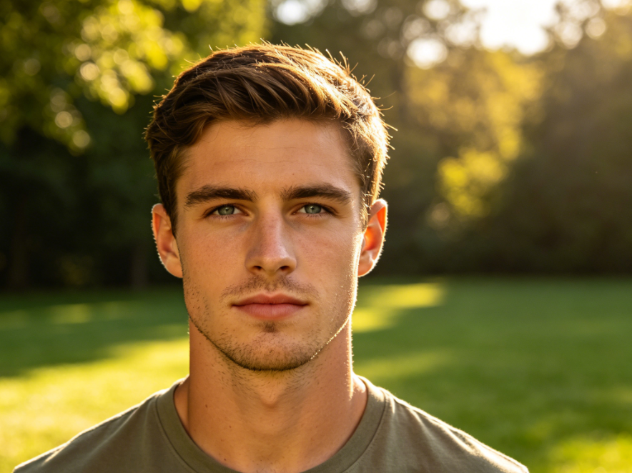 Frontal portrait of a young European man in outdoor sunlight, short hair with clean-shaven face, everyday realistic style, 4:3 aspect ratio