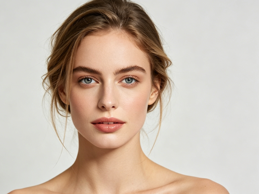 Studio bust portrait of a European woman, soft studio light, light makeup, light solid background, high-definition realistic image, clean unfiltered look, 4:3 aspect ratio