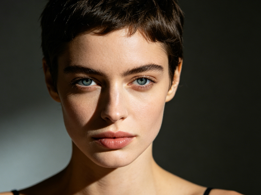 Studio close-up portrait of a European woman with short hair, front-facing shot, calm expression, dramatic lighting, minimalist outfit, high-definition and fine details, 4:3 aspect ratio