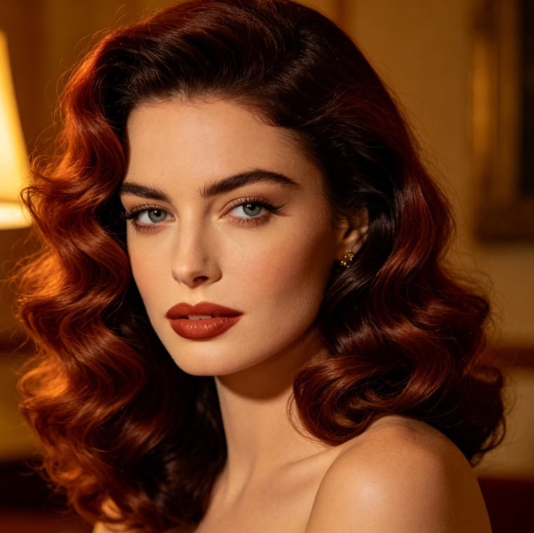 Vintage-style portrait of a Caucasian woman, original chestnut brown hair transformed into warm retro reddish-brown by AI Auburn Hair Filter, with soft sheen under warm indoor lighting, defined curls, elegant retro aesthetic, 4:3 ratio
