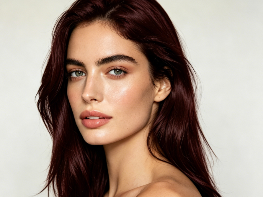 Close-up portrait of a young Caucasian woman with long rich auburn hair (copper-red highlights and wine-red shadows), light green eyes, and fair skin, wearing natural makeup, under soft studio lighting, 4:3 ratio, high-definition photo.