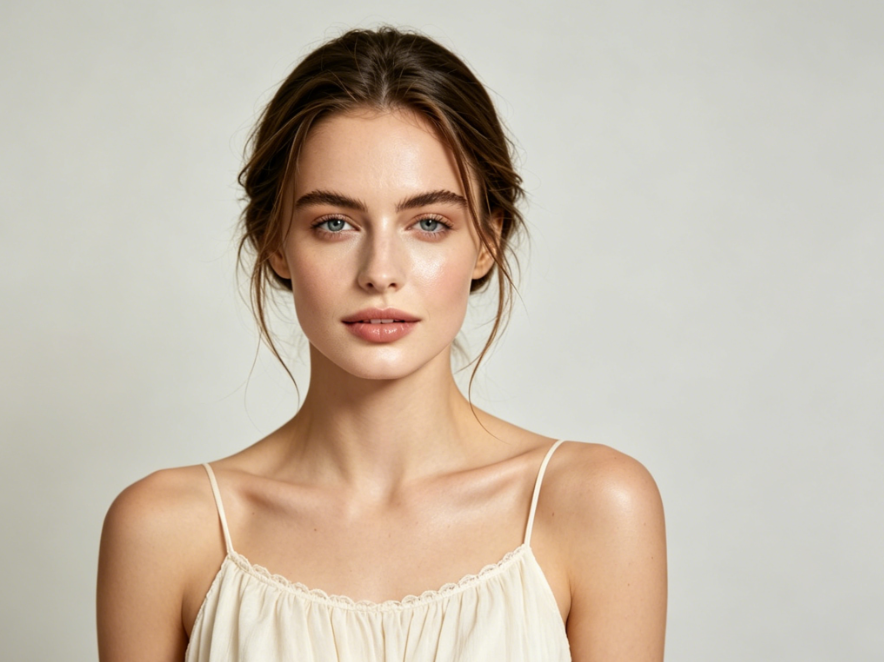 Indoor half-body portrait of a European woman, soft lighting, light solid color background, light makeup, wearing a cream lace camisole, high-definition realistic photography, 4:3 aspect ratio