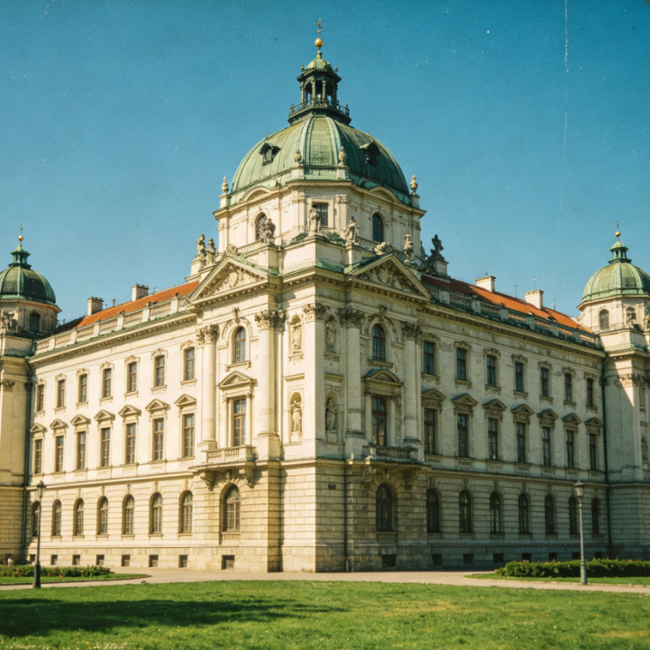 Vintage travel photo-style panoramic shot of a European classical building, bright blue sky background, blue-green retro color cast, film grain texture and slight soft focus, replicating 1980s travel film texture