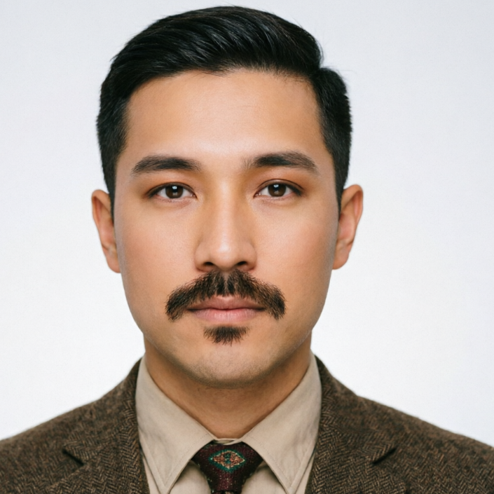 Frontal portrait of an East Asian man in vintage suit under soft studio light, with vintage handlebar mustache and goatee, refined and neat style, fine hair texture, color matching the retro aesthetic, high-definition portrait
